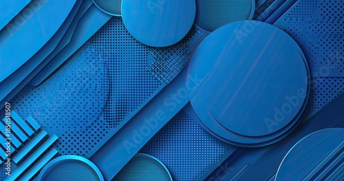Abstract blue geometric shapes and patterns create a modern design aesthetic.