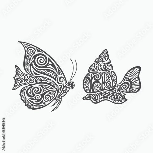 Tribal fish and snail ornamental silhouette tattoo style illustration