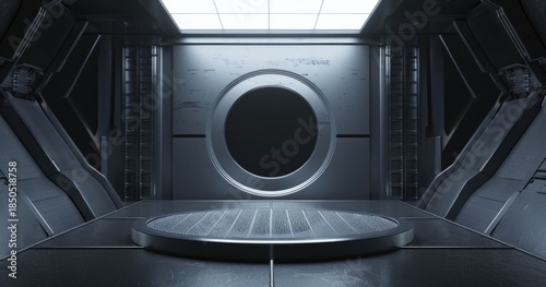 A futuristic, metallic interior with a circular opening and a raised platform.