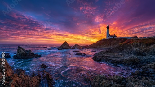 A picturesque seaside scene with a white lighthouse on a rocky coast at sunset, vibrant orange, purple, and blue hues