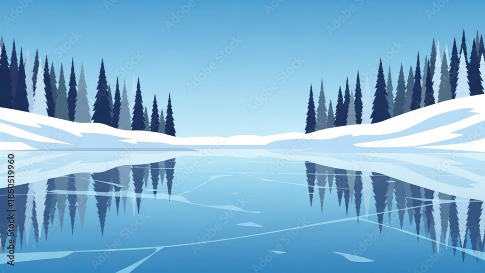 Fototapeta premium Frozen lake with snow covered trees and icy shoreline in winter landscape