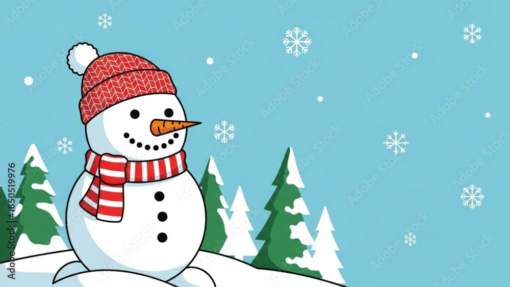 Fototapeta premium A cheerful snowman wearing a red hat and scarf stands on a snowy hill with pine trees