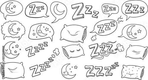 Hand-drawn sleep doodles with pillows, moons, clouds, and Zzz icons in whimsical style for dreamy vector design and rest themes