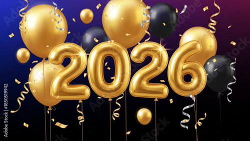 Gold balloons in the shape of 2026 surrounded by black and gold confetti and ribbons on a dark