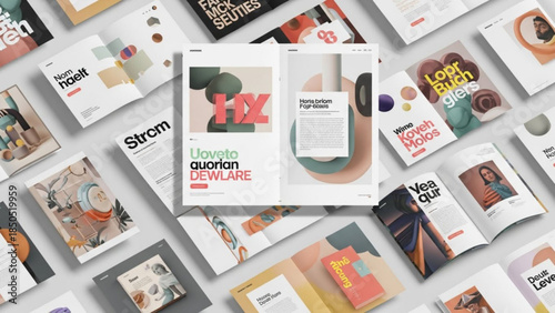 Colorful array of modern magazines and brochures on a white surface