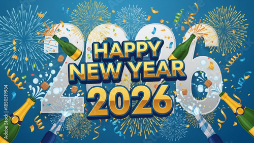 Happy new year 2026 celebration with champagne bottles and fireworks on blue background