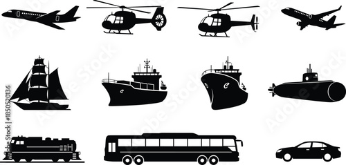 Set of black silhouette transportation icons including air, water, and land vehicles for educational, vector design, and mobility themes