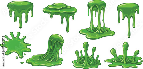Set of eight green slime illustrations in dripping, splattered, and puddle forms for cartoon, Halloween, and vector design use