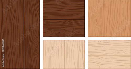 Set of five wood texture panels in varied grain styles and shades, arranged for design, construction, and vector material reference