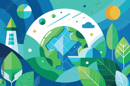 Green eco planet earth with houses and trees illustration