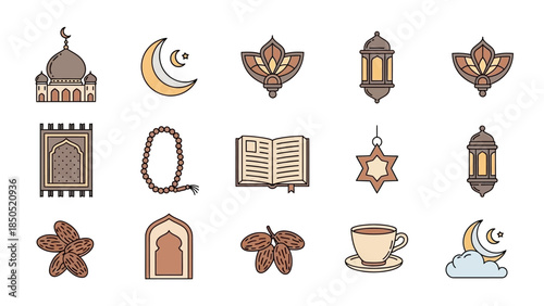 Assorted Islamic icons and symbols, including mosques, crescent moons, lanterns, and prayer beads, arranged in a grid, representing faith, culture, and tradition, from a straightforward viewpoint.