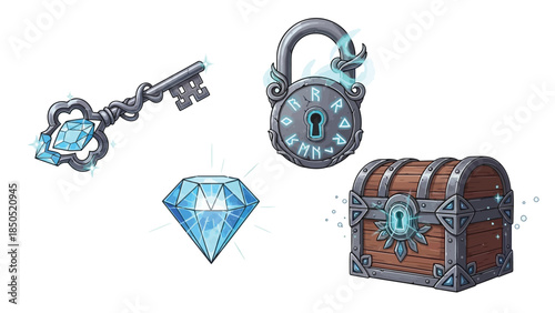 Illustration of a treasure chest, key, lock, and diamond with a magical glow, against a clean white background with a whimsical and adventurous mood.