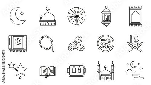 Islamic icons and symbols collection on a white background illustration