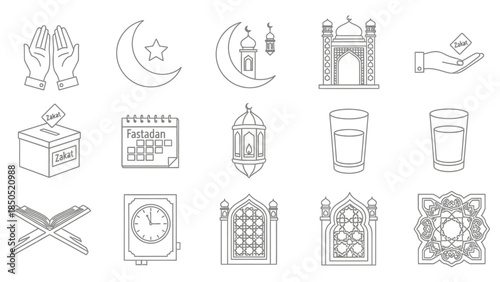 Ramadan icons set illustrating fasting, prayer, and cultural symbols in a simple line art style