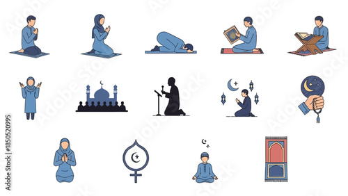 Illustrations of various prayer and meditation scenes depicting spiritual practices and cultural symbols