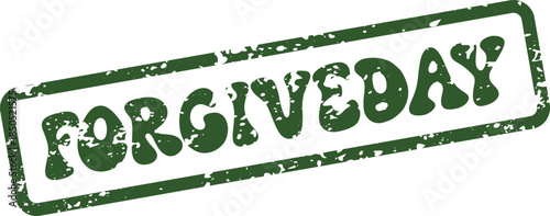 Prominent distressed green rubber stamp featuring the phrase FORGIVEDAY for celebrating pardon and peace