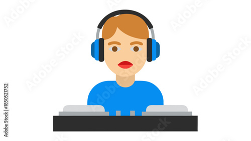Flat Icon of a DJ with Headphones and Turntables