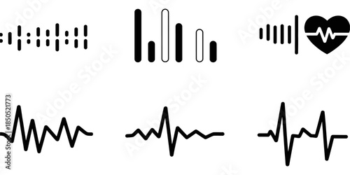 Abstract vector graphic of sound waves, heartbeat, and digital signals in modern style for technology, medical, music, data visualization, electronic, and creative design projects