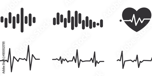 Abstract vector graphic of sound waves, heartbeat, and digital signals in modern style for technology, medical, music, data visualization, electronic, and creative design projects