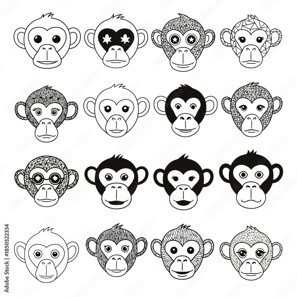 Fototapeta premium Collection of Diverse Monkey Faces in Various Artistic Styles.