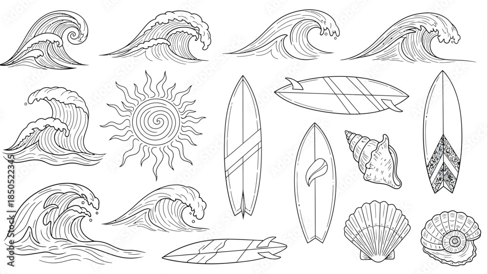 Fototapeta premium Collection of Hand Drawn Ocean Waves Surfboards Seashells and Sun Elements.