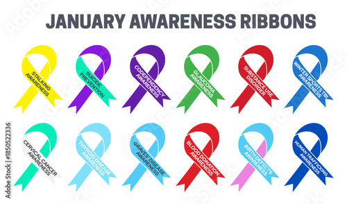 January Awareness Ribbons Set for Stalking, Suicide, Codependency, Glaucoma, Substance Use Disorder, Wintersports TBI, Cervical Cancer, Thyroid Disease, Graves, Human Trafficking Awareness Ribbon
