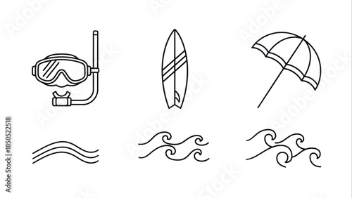 Beach Vacation Icons Set Snorkeling Surfboard Umbrella Waves.