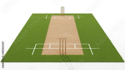 Top view of rectangular cricket pitch with wickets and grass | circular, cricket, ground, pitch, wicket, stumps, grass, field, sport, game.