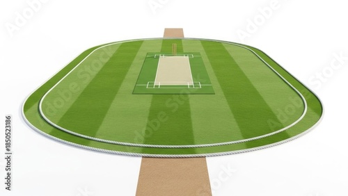 Aerial view of cricket stadium with green field and pitch | circular, cricket, ground, pitch, wicket, stumps, grass, field, sport, game.