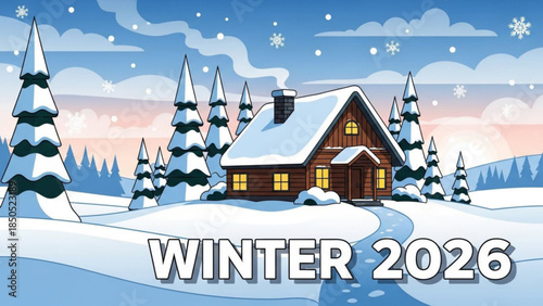 Cozy snow covered wooden house with lit windows among pine trees on a snowy landscape