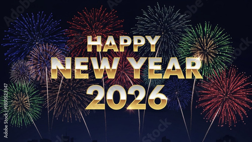 Vibrant fireworks exploding in night sky with happy new year 2026 text