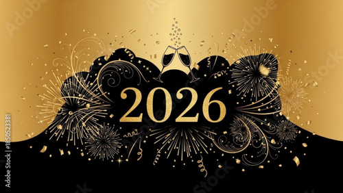 New year 2026 celebration with fireworks and champagne on a gold background