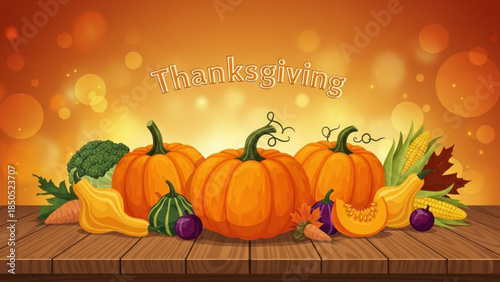 Thanksgiving harvest of pumpkins and gourds autumn vegetables on wooden table festive fall background with bokeh lights
