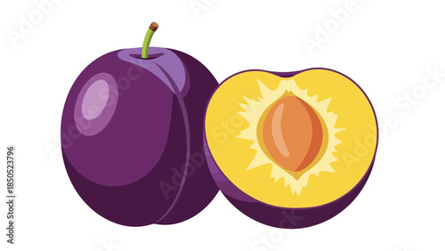 Illustration of a whole and halved plum with pit on a white background, showcasing its purple skin and yellow flesh.