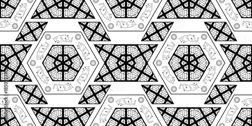 Art Deco Geometric Design and Cat Pattern for Seamless Transparent Background Template