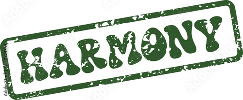 Distressed green rubber stamp impression featuring the peaceful word HARMONY in a charming retro typography style