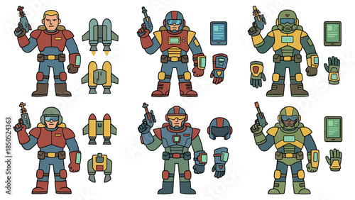 Group of Colorful Sci Fi Robots with Gadgets Futuristic Mechanical Characters for Technology and Gaming Themes