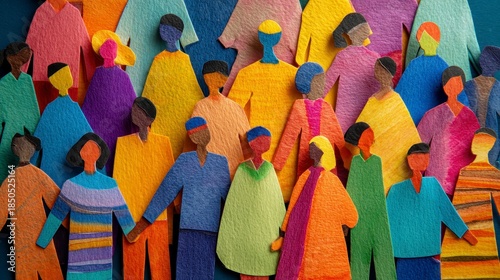 A vibrant composition featuring diverse paper cut-out figures, symbolizing unity. They overlap against a dark blue background