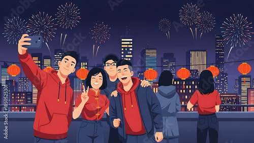 Flat design illustration of friends celebrating Chinese New Year together with joy.