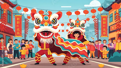 Flat design illustration of a lion dance performance during Chinese New Year celebration.