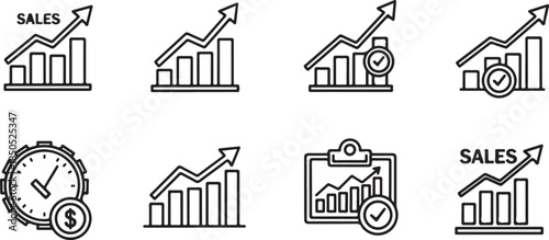 Set of business growth and sales increase line icons bar chart, arrow up, time, money, clipboard, and checkmark