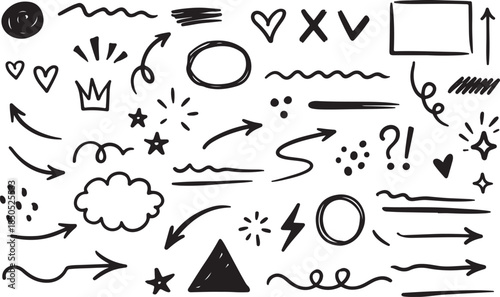 Line arrow hand drawn shape brush underline stroke element vector set. Hand drawn doodle sketch arrow line art black and white vector art and illustration 
