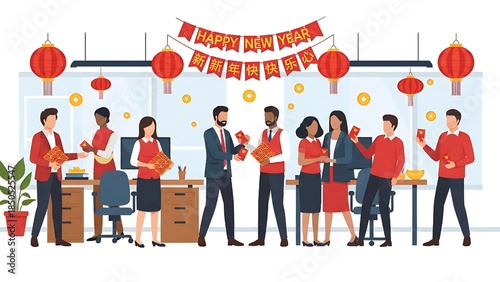 illustration of office coworkers celebrating Chinese New Year together.