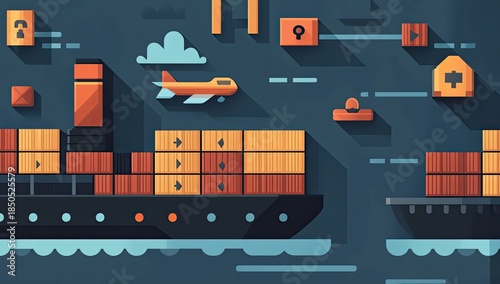 Flat, layered shipping illustration with boat and plane