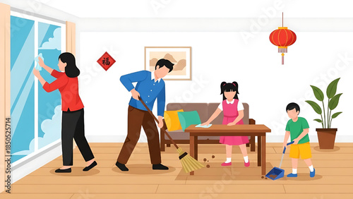 Flat design illustration of a family cleaning their house before Chinese New Year