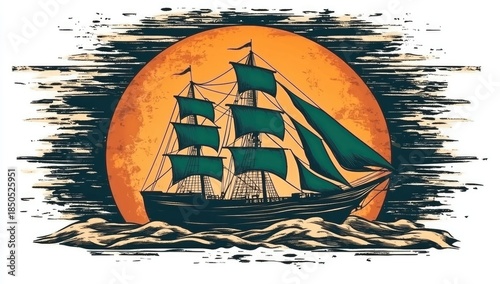 Sailing ship with green sails against a large orange sun
