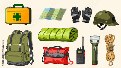 Outdoor Equipment Collection in Flat Vector Style for Survival
