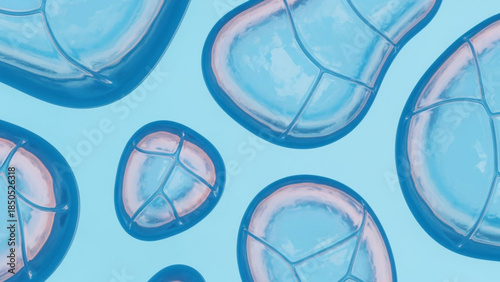 Microscopic view of translucent blue cells with grid patterns on light blue background