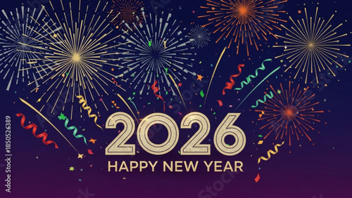 Vibrant fireworks display with 2026 happy new year text in gold on dark blue background