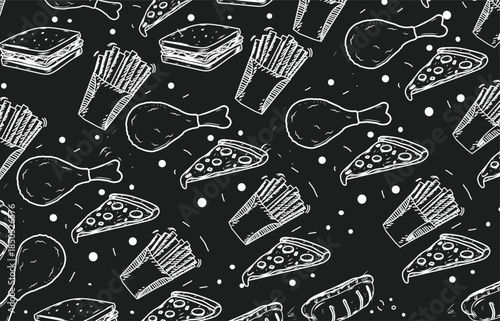 Chalk Hand-Drawn Fast Food Seamless Pattern Background